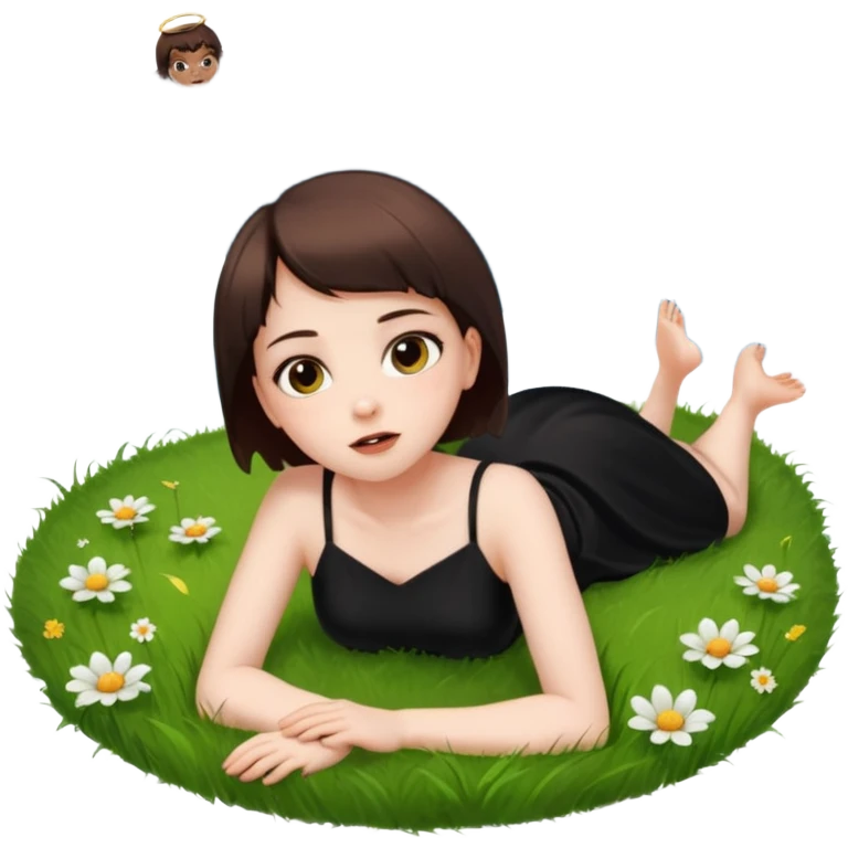 A short-haired brown demon girl lies on the grass, looking up at a flying angel in the sky."
 emoji