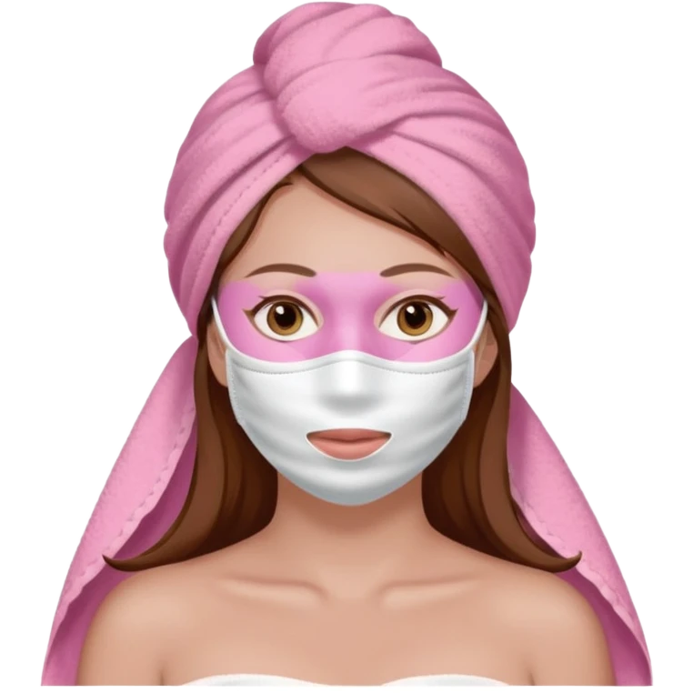 Lady with brown hair, white towel around her head, pink face mask spa beauty full face relaxing emoji