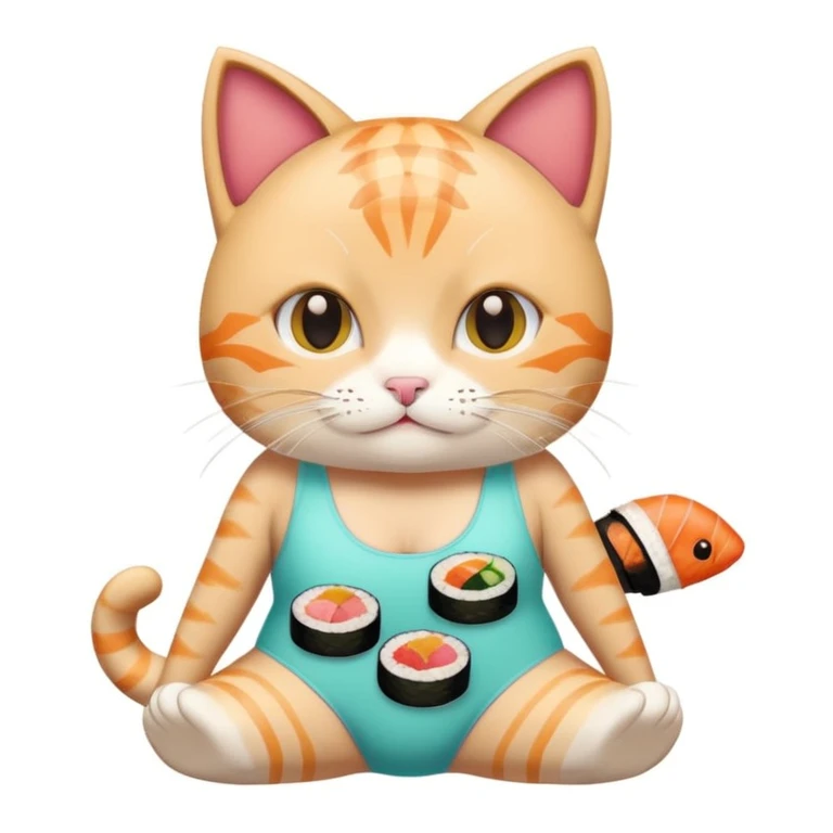 cute cat with a one piece swimsuit made from assorted sushi pieces, emoji style emoji
