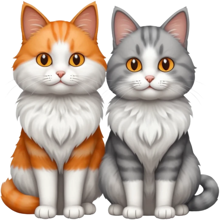 a realistic looking very fluffy grey and white cat sitting next to another cat emoji