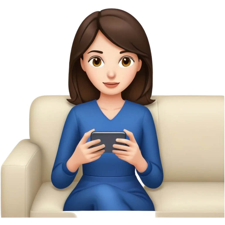 a brunette woman on a sofa using a smartphone emoji