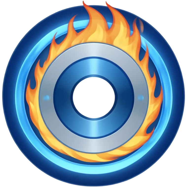 A minimalist CD disc with a subtle fire design, blue flames, with a circle in the middle and a hole in the center emoji