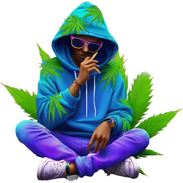 Hemp leaves Multicoloured neon person smoking wearing hoodie dancing hip hop bucket hat tropical Skater fashion aesthetic baggy clothes graphic t shirt 420 emoji