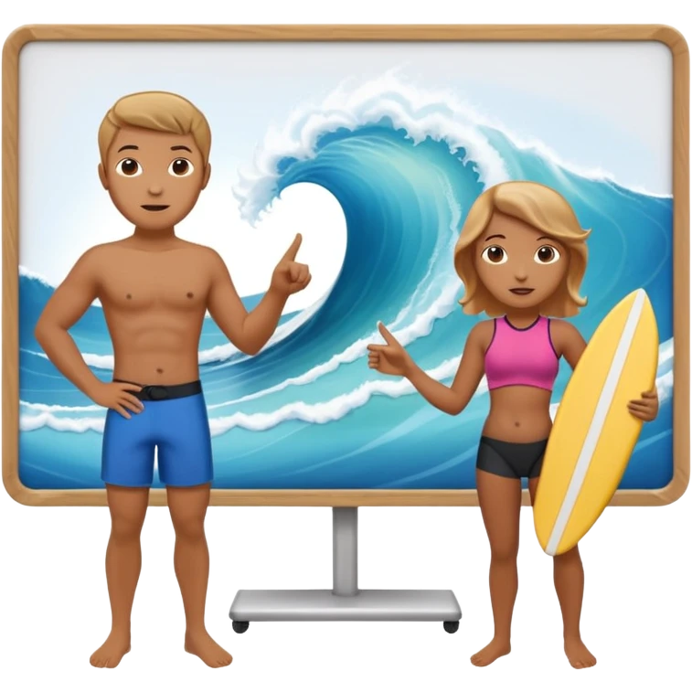 icon of a surf instructor teaching, pointing to a whiteboard with a wave in the center. Below the board are two avatars with their backs turned, looking at the board. emoji