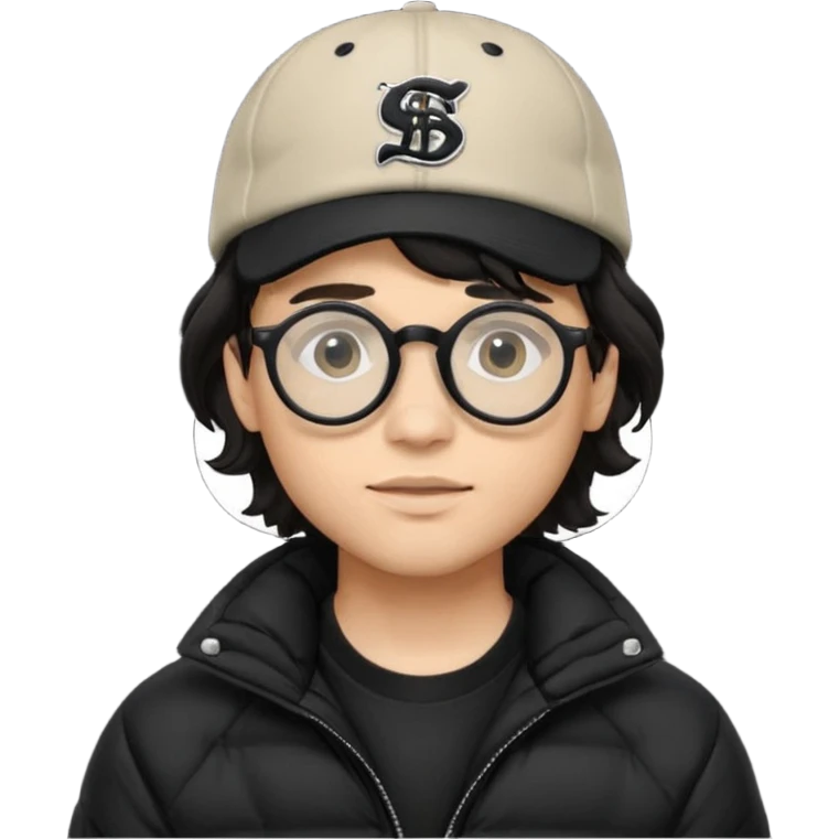 Young man wearing a black puffer jacket, black baseball cap with a small logo, round black glasses, wavy hair peeking out from under the  emoji