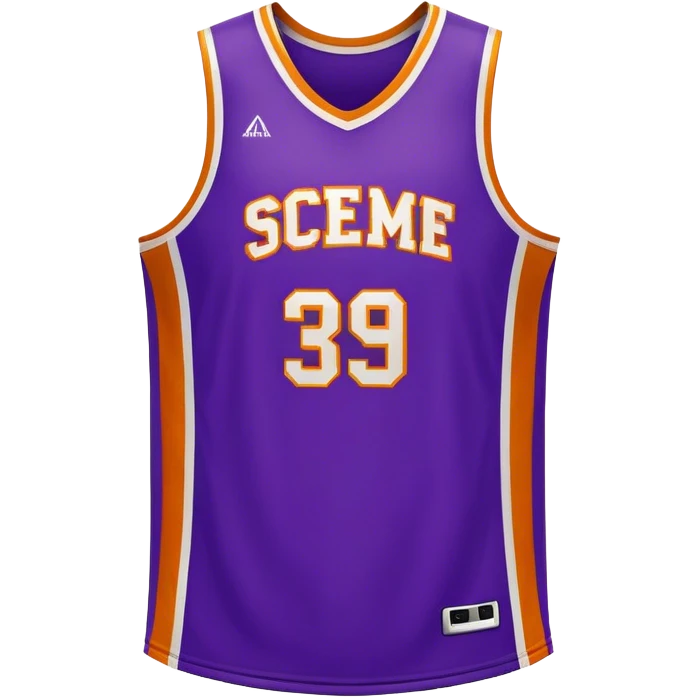 Cinematic Realistic image of a basketball jersey rendered in bold team colors with finely textured fabric and realistic creases, set against an energetic court backdrop with bright, dynamic lighting emoji
