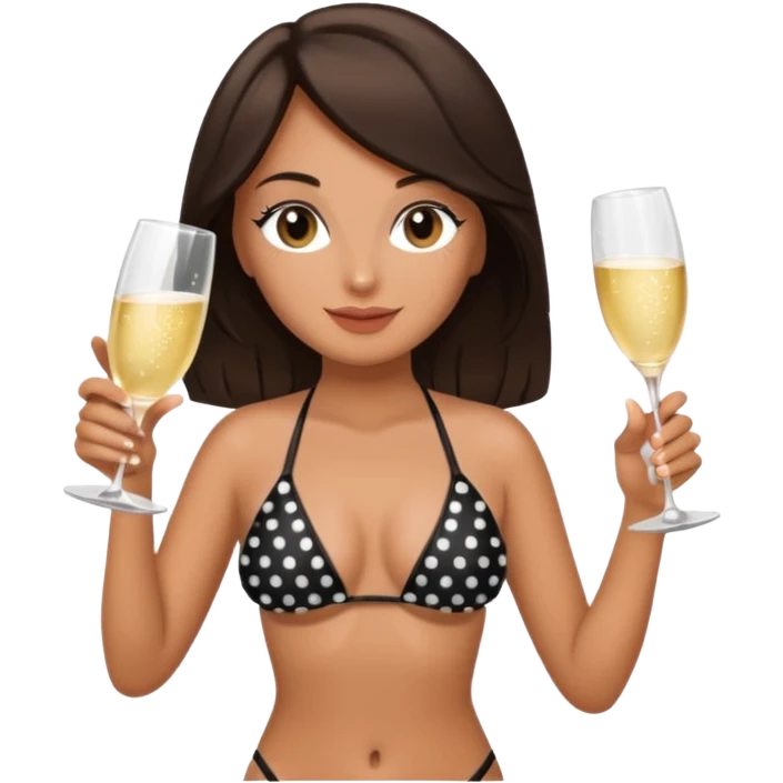 brunette woman on a beach, wearing a black polka-dot bikini, holding a champagne glass emoji