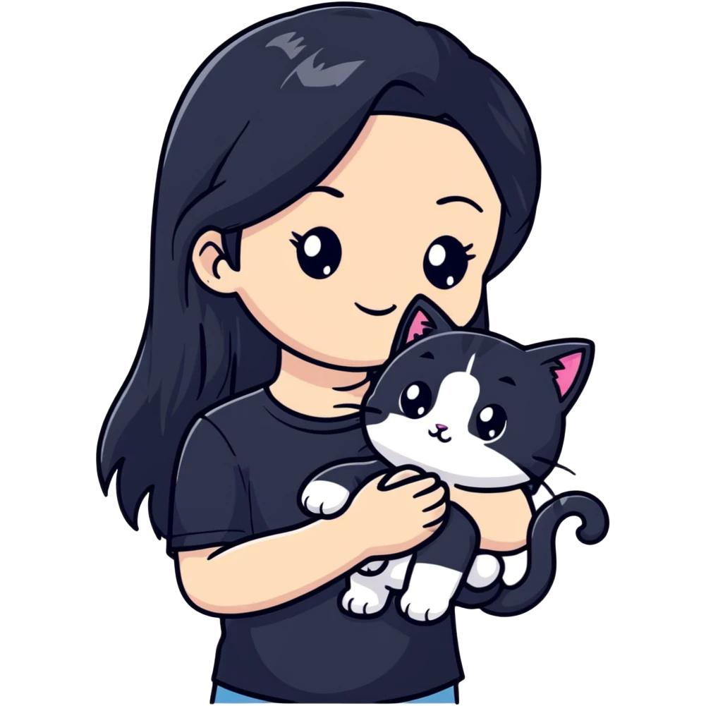 beautiful girl with long black hair wearing a black shirt holding a silver-colored cat emoji