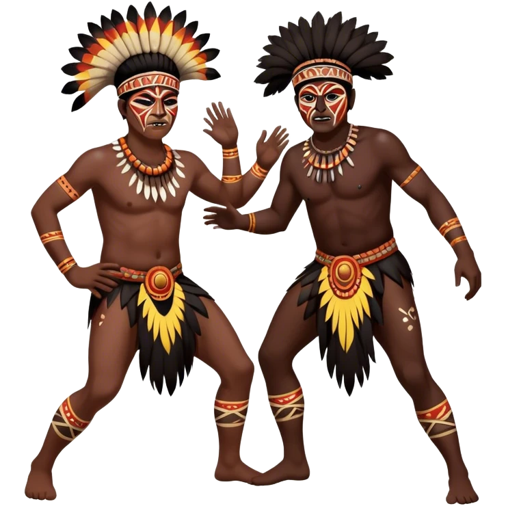 Cinematic Realistic scene of two indigenous male aboriginals performing an Aboriginal Corroboree, adorned in traditional body paint, A corroboree is an Australian Aboriginal ceremonial meeting. It usually includes celebration of Aboriginal mythology and spirituality, which is based in the Dreaming emoji