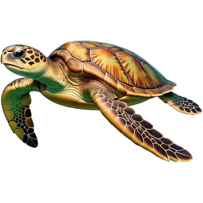 cinematic-sea-turtle-realistic-full-body-swimming-emoji,-graceful-streamlined-body-gliding-through-crystal-clear-waters,-large-flippers-moving-in-fluid-motion,-smooth-green-and-brown-patterned-shell-glowing-in-the-sunlight,-gentle-dark-eyes-filled-with-deep-wisdom,-bubbles-trailing-in-its-wake,-simplified-yet-realistic-focused-features,-highly-detailed,-glowing-with-an-oceanic-serene-light emoji