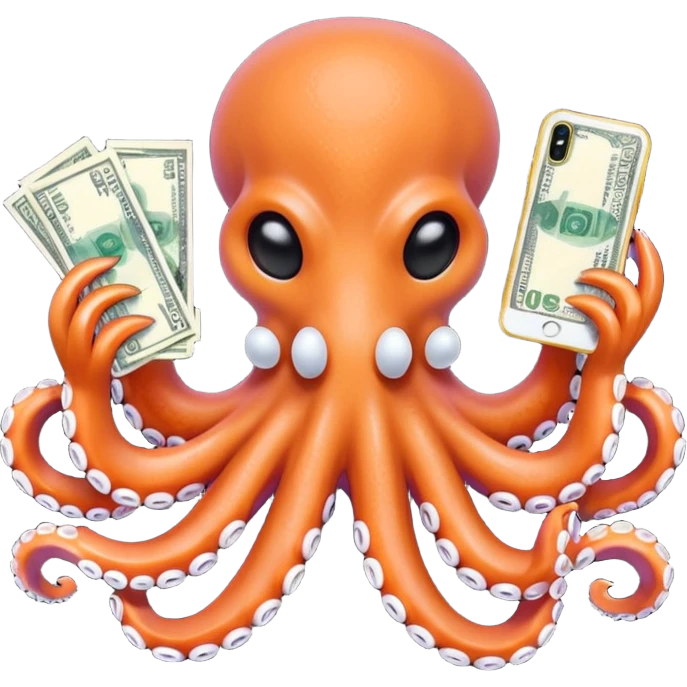 Intimidating octopus with pearl black skin, neon peach suction cups. Evil looking octopus is wearing a white face mask and thick gold necklace. 2 tentacles are holding their own cellphone, 2 more tentacles are holding stacks of money. emoji