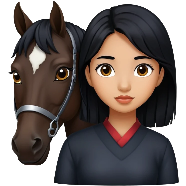 Dark brown asian girl with black horse emoji