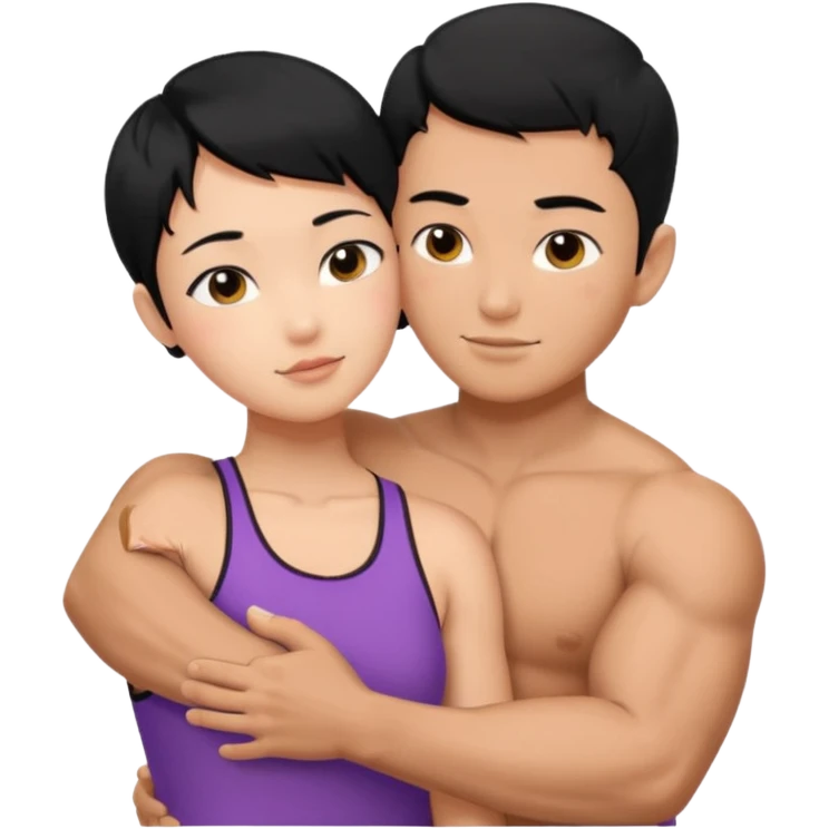 buff Asian Man black hair hugging girl with black pixie cut  emoji