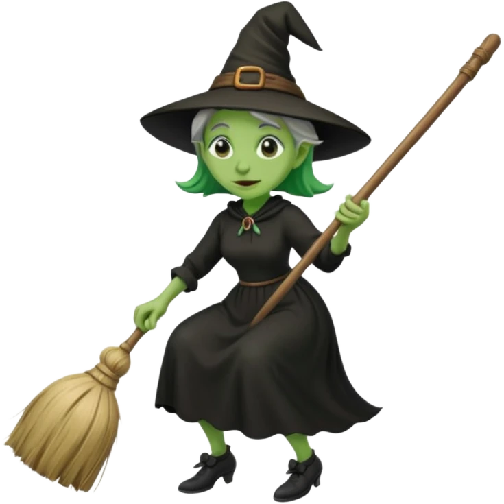 Old witch with green skin and a big nose waering a black dress and riding a broom emoji