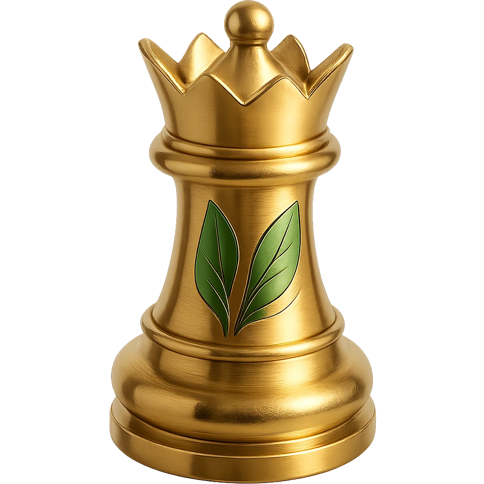 Add gold accents to the 3D king chess piece with green leaf details, maintaining an elegant and polished look, no background. emoji