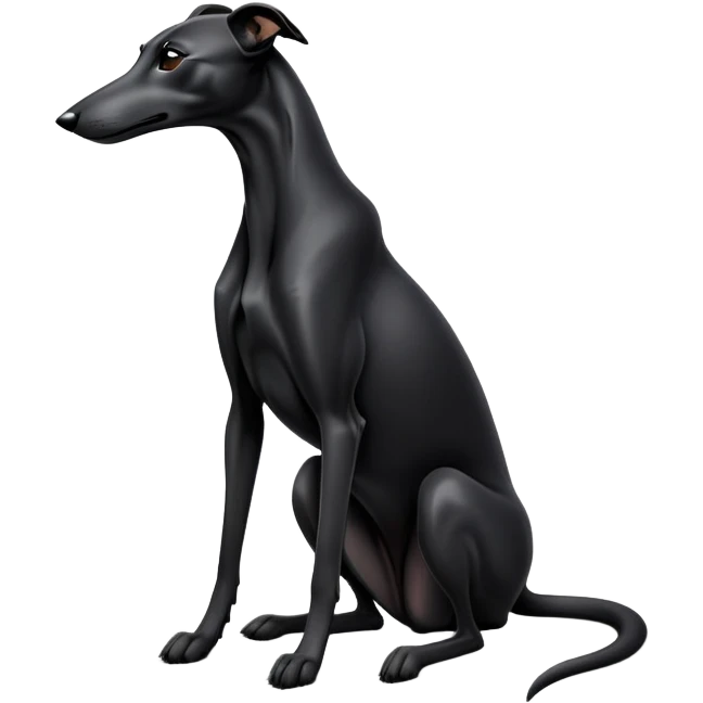 cinematic-[black greyhound]-realistic-full-body-sitting-emoji,-tail-resting-loosely-beside-its-paws,-head-tilted-dramatically, -sleek-[black]-fur,-simplified-yet-realistic-focused-features,-highly-detailed,-glowing-with-an-almost-sarcastic-glow emoji