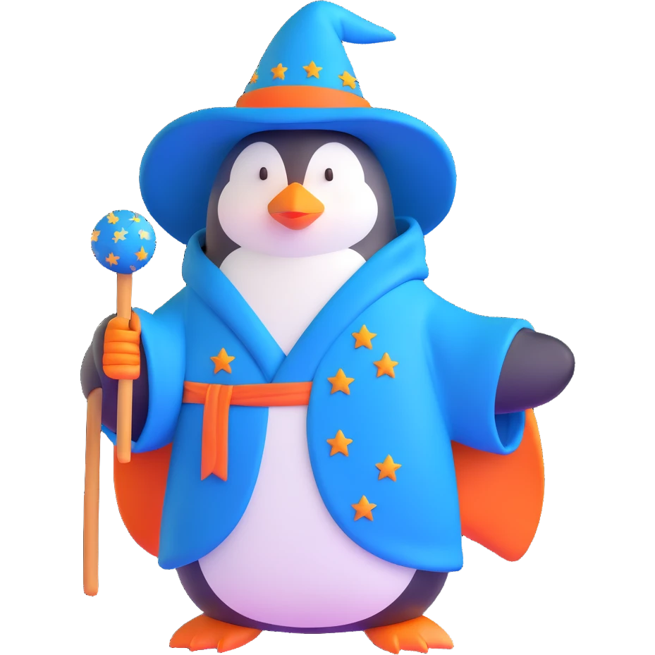 penguin wizard with a blue robe and starry hat emoji