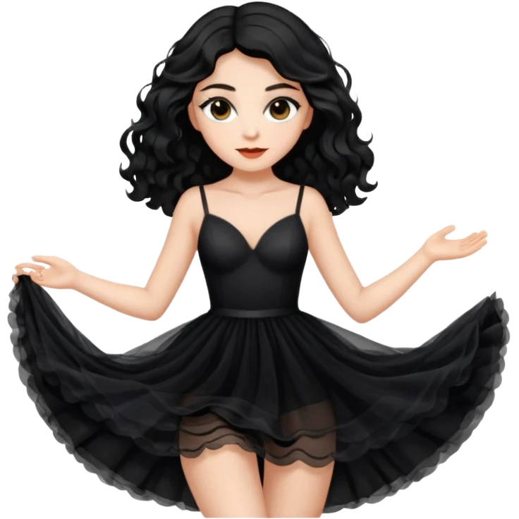 Beyaz tenli siyah tül çok açık elbise giyen siyah dalgalı saçı olan çekik gözlü  emoji