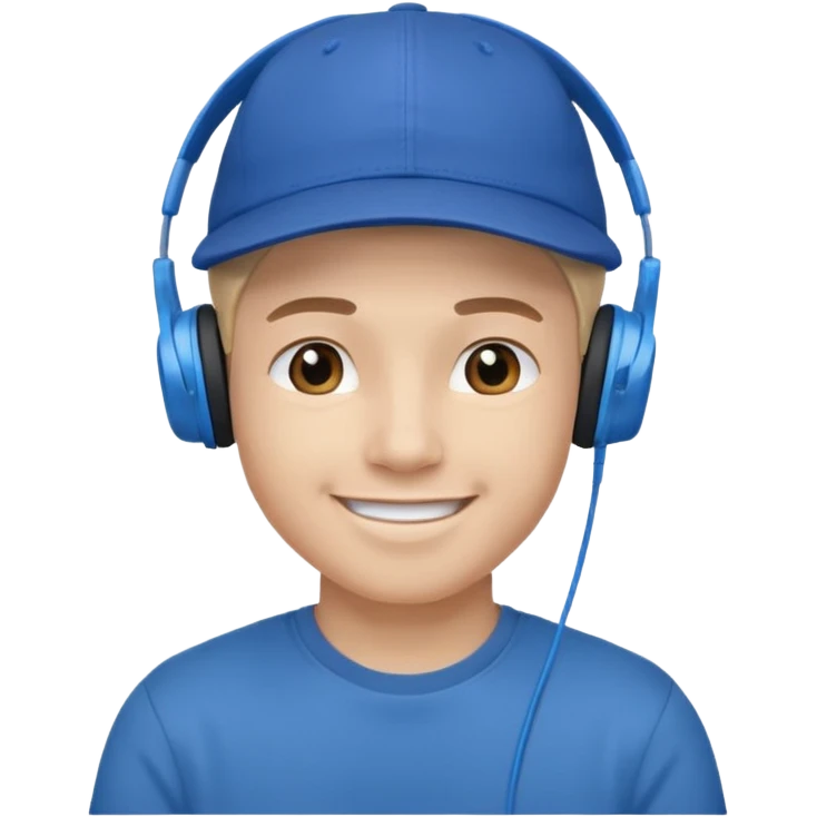 Only the head of a young guy smiling with headphones in his ears and a cap on his head turned back. emoji