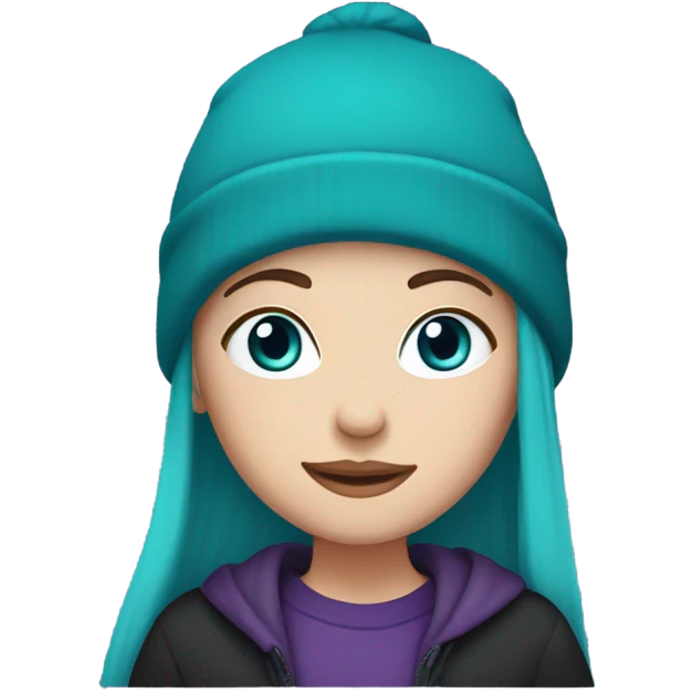 White girl, blue eyes, long teal hair, purple beanie hat, black hoodie emoji