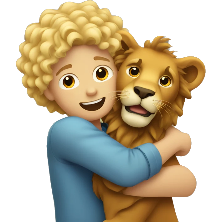 curly blonde boy hugging a lion emoji