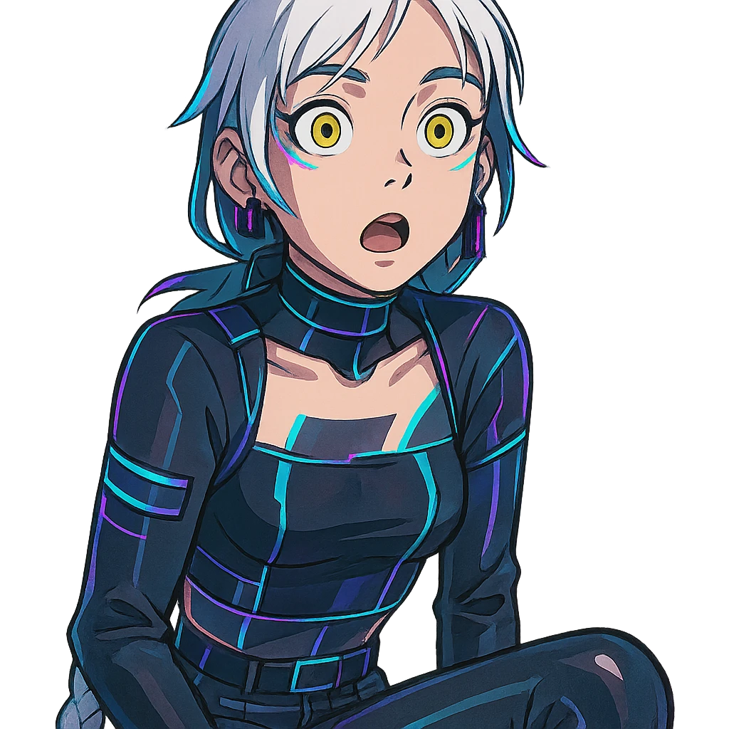 a shocked facial expression, a closeup portrait of young woman with gold yellow eyes, white hair, long braid, black off-shoulder top d-cup, punk gothic style, futuristic cyberwave cyberpunk, sitting position emoji