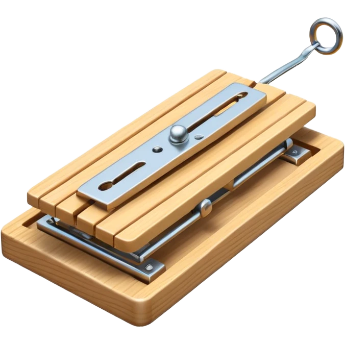 A 3D emoji in iOS emoji aesthetic style of a classic mousetrap without cheese, showing a wooden base and metal spring mechanism, clean minimal design, bright lighting, glossy Apple-style look, white background. emoji
