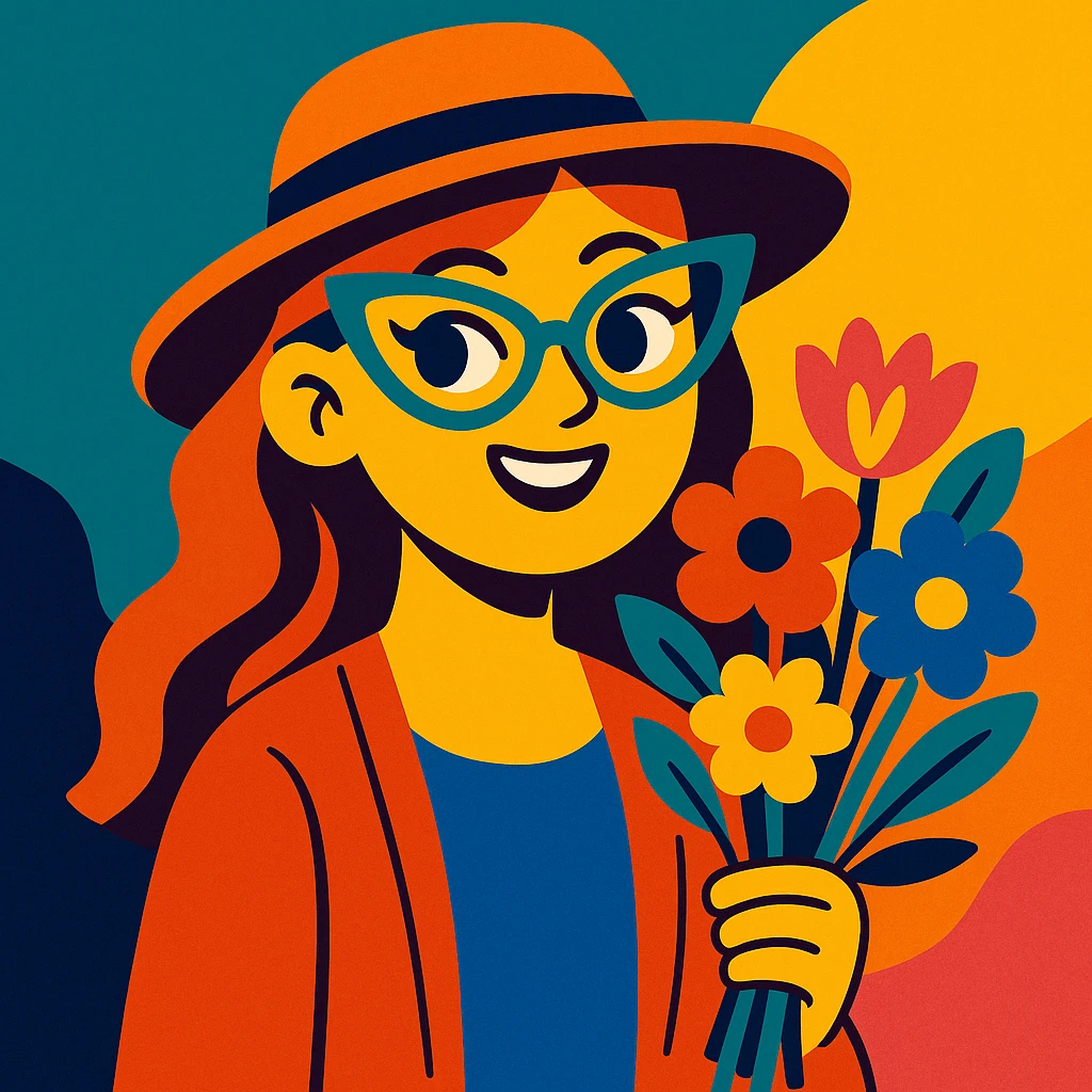 a girl with an oval face, cat eye glasses, a stylish hat, and a bouquet of flowers in her hand, vibrant cartoon style emoji
