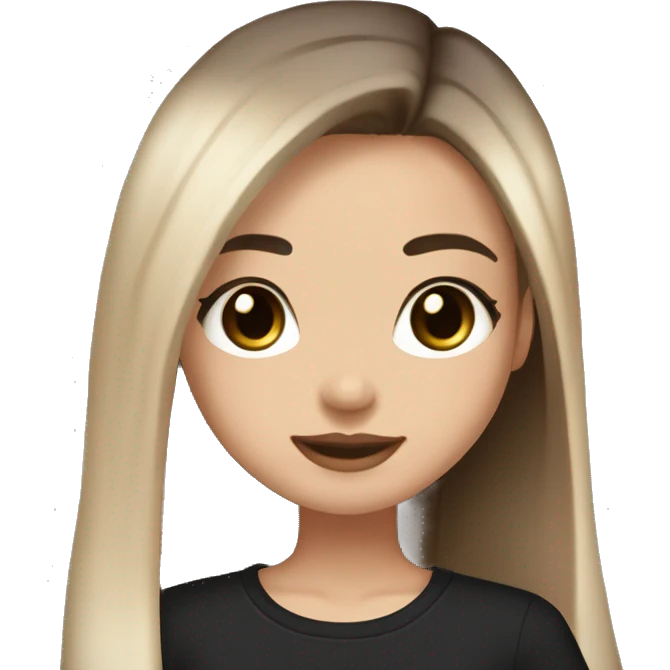 Slavic girl, light skin, long eye lashes, pink beige lips, brown eyes, long black-to-blonde ombre straight hair, black T-shirt, chibi, smiling. emoji