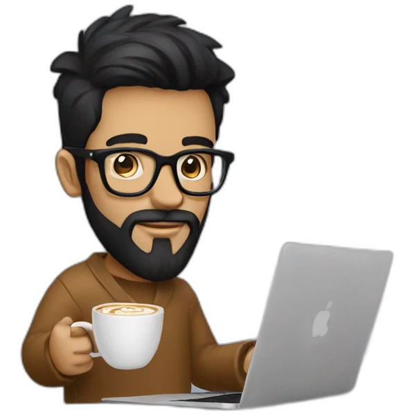 Designer with black hair, beard and glasses working with MacBook and drinking cappuccino  emoji