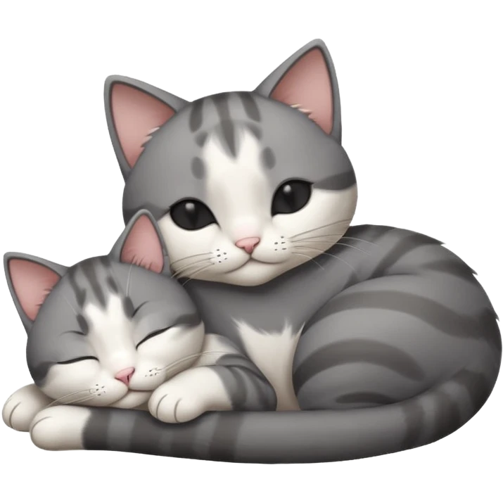 dark grey and white small cat with its eyes closed lying down leaning on its elbow with its paw curled under its head holding it up emoji