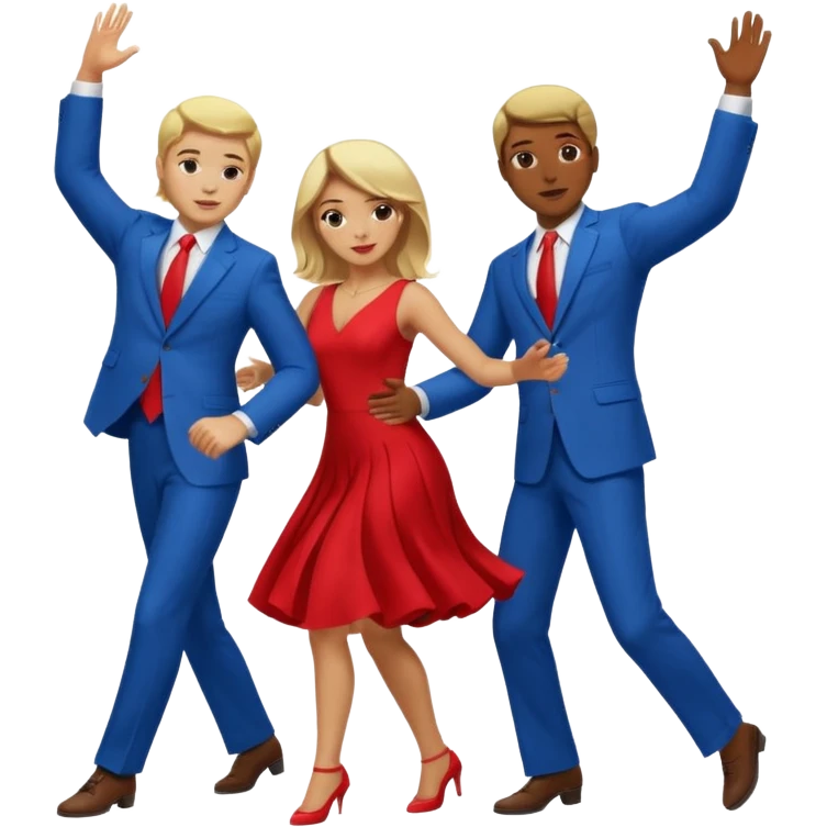 Two people dancing. One wearing red with light skin and blonde hair. One wearing bue with dark skin and brown hair. emoji
