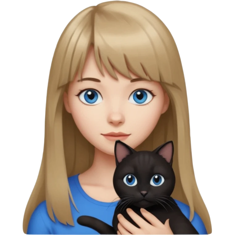 Apple-style emoji sticker of a young woman with long dark blond hair and bang, blue eyes , holding a black and white cat emoji