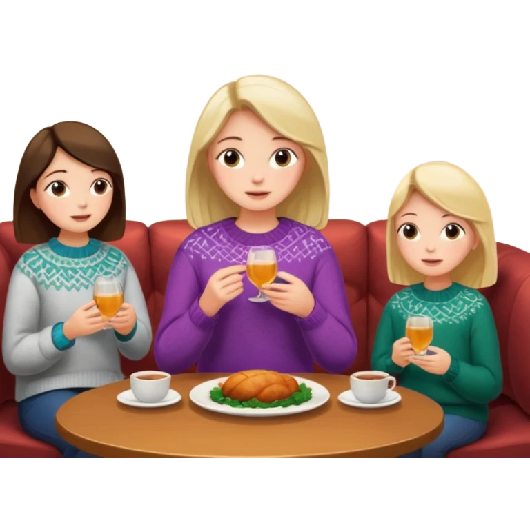 people at a dinner table with a girl sitting on a sofa talking in a cozy home emoji