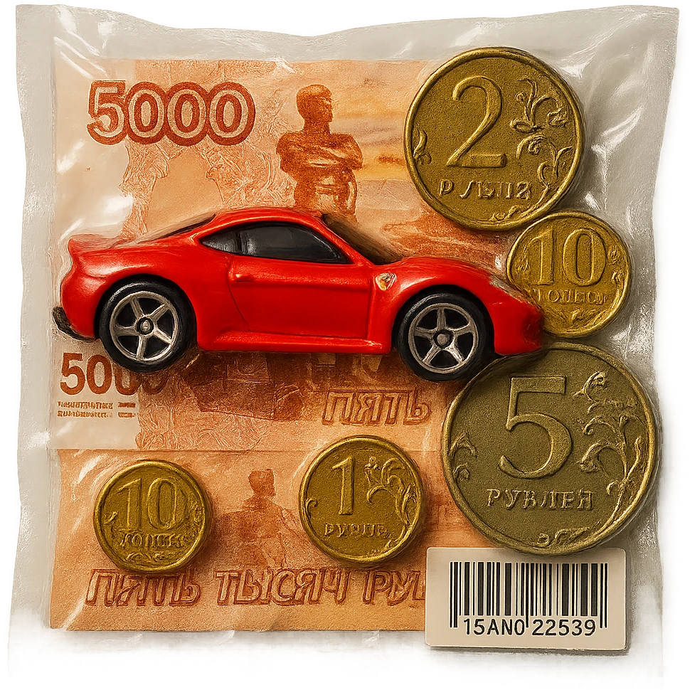 Combine a 5000 Russian ruble banknote, several Russian coins, and a red Ferrari Hot Wheels toy car together in one clear vacuum-sealed package. The car should be bright red and clearly resemble a Ferrari. All items should look glossy, puffy, and tightly packed together, no background. emoji