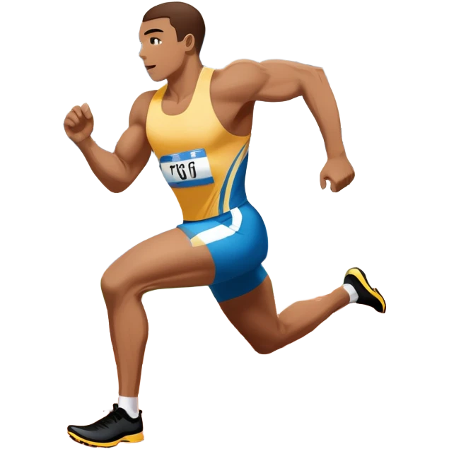 An icon symbolizing professional running: a dynamic sprinting athlete in motion on a track, leaving motion lines behind. The background features a large stadium with cheering crowds, a digital timer, and a clear blue sky. Transparent background emphasizes speed, endurance, and competition. emoji