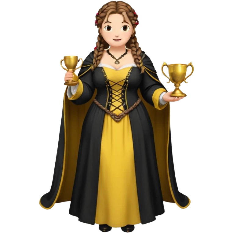 Helga Hufflepuff,brown-haired,2 braids,yellow-black medieval open dress,deep neckline,fat macromastia,black cloak decorated with gold braiding,gold cup with two handles,very kind smile,curvy busty sweet woman,round rosy cheeks,full length with medieval shoes emoji