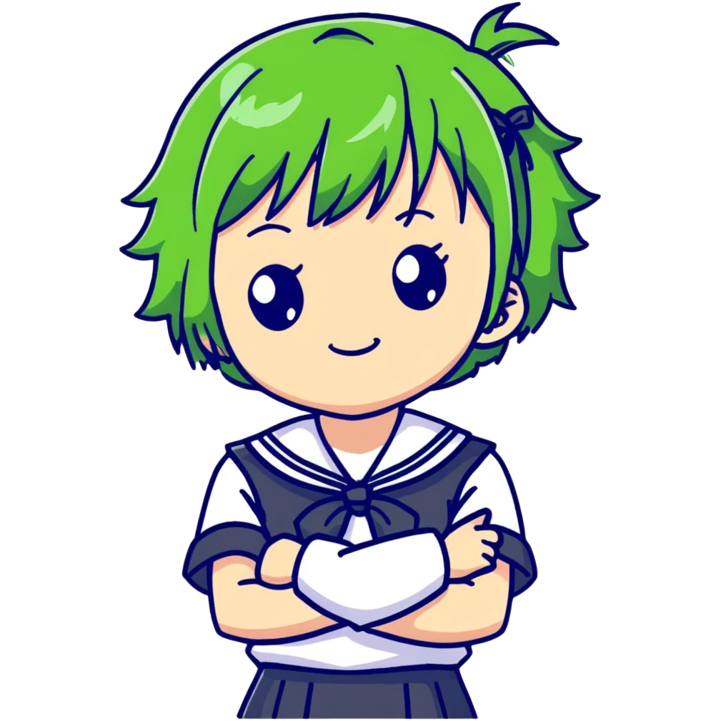 Mischievous anime girl with green short messy hair wearing Japanese sailor style school uniform, smirking and plotting, kawaii style emoji