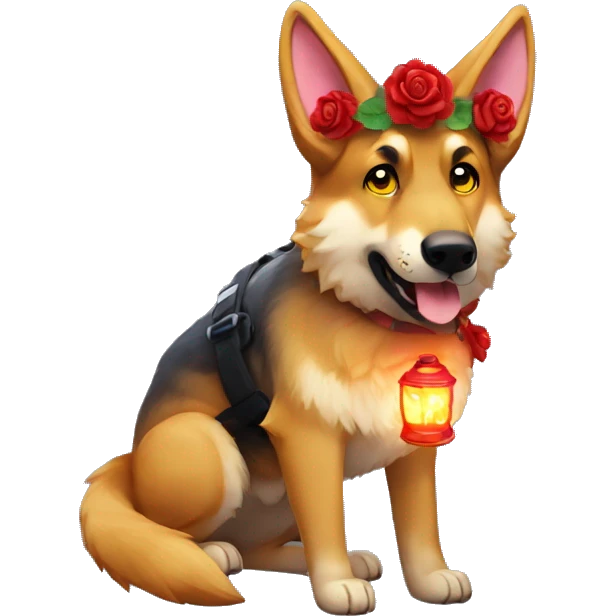 Brindled German shepherd fox carrying glowing red lantern, fairy lights, rose flower crown emoji