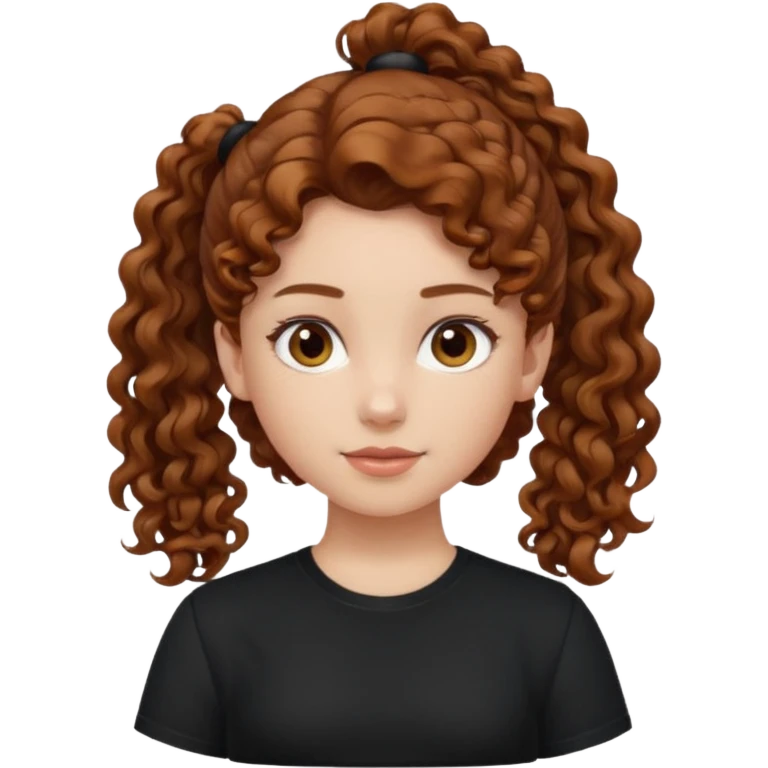Girl, chestnut colored curly hair, one ponytail, black shirt emoji