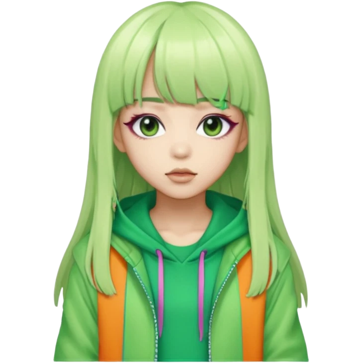  portrait-of-a-green skin alien-k-pop-idol,-wearing-a-stylish-streetwear-outfit-with-layered-colorful-clothing,-long-hair-with-bangs,-makeup,- emoji