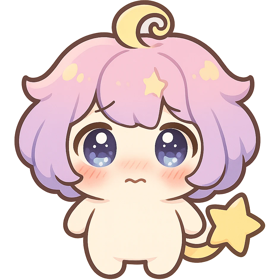 Stella Puff (星星噗噗) kawaii chibi style, front view, shy and blushing expression, big sparkling glassy blue-violet eyes, puffy pastel pink-purple gradient hair with yellow star swirl, creamy white round body, coral pink blush, short arms and legs, soft golden star tail, clean lines, transparent background emoji