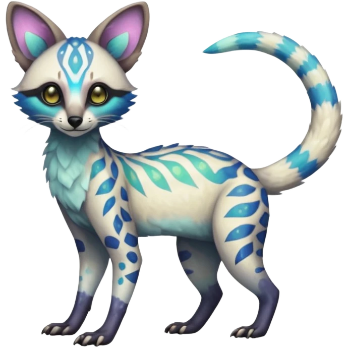 Rare iridescent white exotic epic aesthetic colorful Trico-Genet-species-Fakemon-hybrid-creature, with intricate tattoo markings, full body emoji