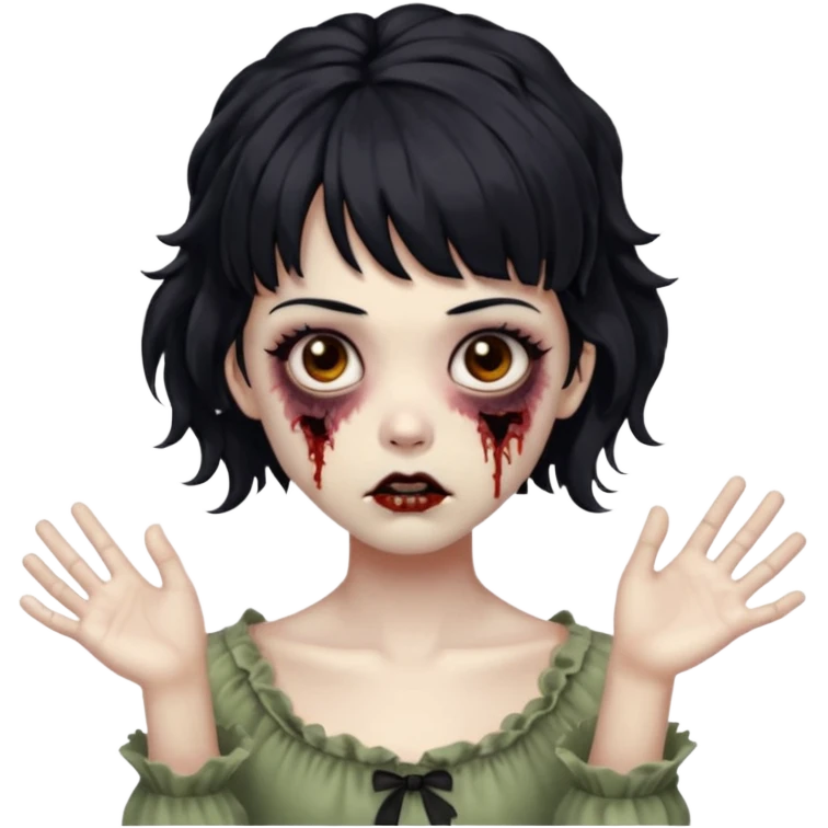 Cabelo ondulado  um pouco cheio e franja curta  Olhos marrons e pequenos e feita d ezumbi mais bonita com cabelo amarro na e com as mãos assim tipo assim🧟‍♀️ emoji