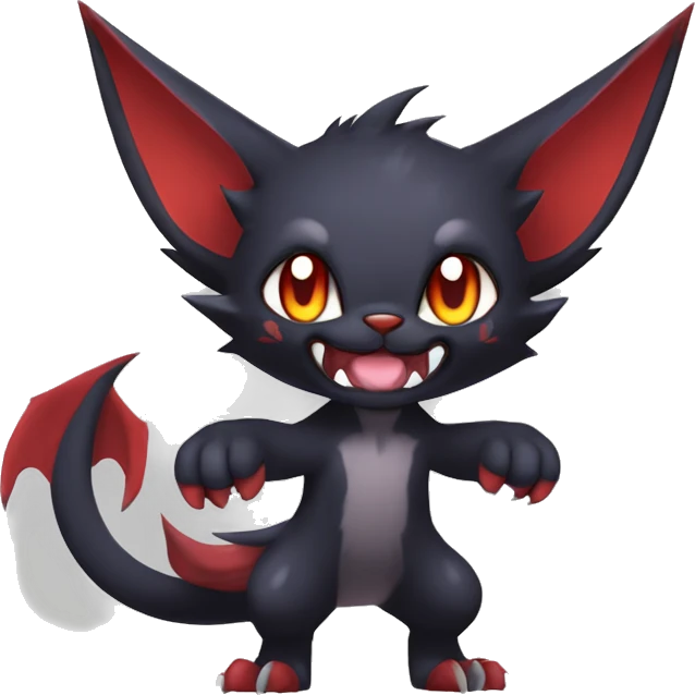   cool cute fantasy anime dark animal vampiric Litten-Zoroark-Nargacuga-cat-hybrid Fakemon with big fangs and bat-ears full body emoji