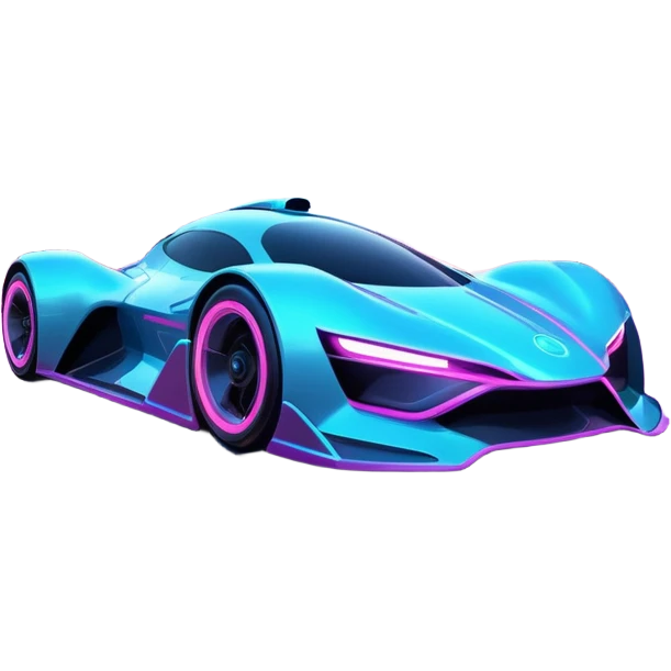 A futuristic racing car with glowing neon lights, sleek aerodynamic design, and a cyberpunk cityscape in the background. The car is speeding through a neon-lit street with high-tech buildings and holograms." emoji