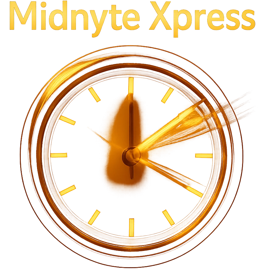 Add a sense of motion to the clock hands with motion blur or dynamic lines, while keeping the glowing effect and realistic style. The text 'Midnyte Xpress' should remain above. Maintain a transparent background. emoji