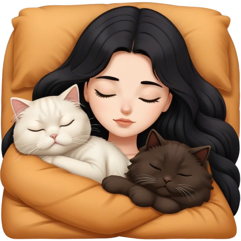 A pretty white girl with long black hair and sleeping curled up to a brown Persian cat emoji