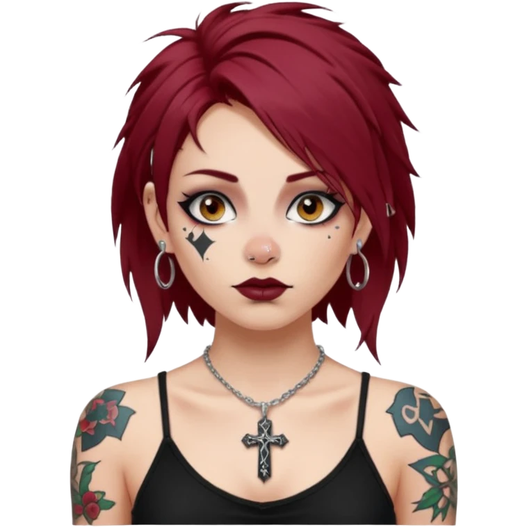 generate an ios genmoji of a girl with dark red messy hair with eyeliner on. septum piercing, wearing a cami black top, has tattoos, on shoulders. ear piercings. wearing a cross silver necklace emoji