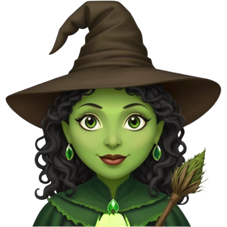 elphaba the wicked witch from wicked movie (cynthia erivo) dark long curly hair, thick lips, wide nose, green skins, witch hat, witch broom, evil, wicked musical film, evil smirk emoji